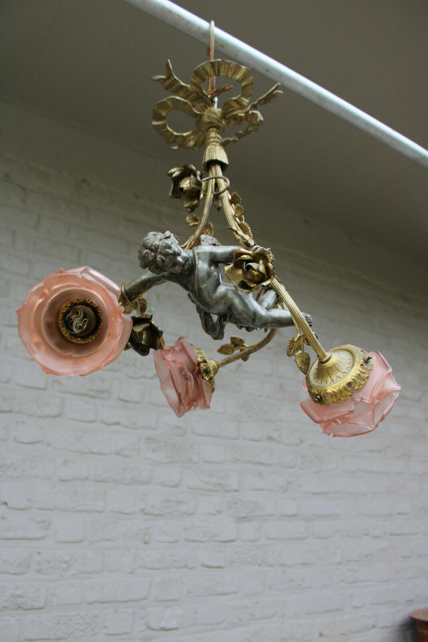 Antique French Angel cherub 3 arms pink shade chandelier pendant lamp rare