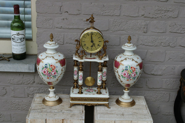 Vintage italian porcelain Clock set vases floral cherub 1960