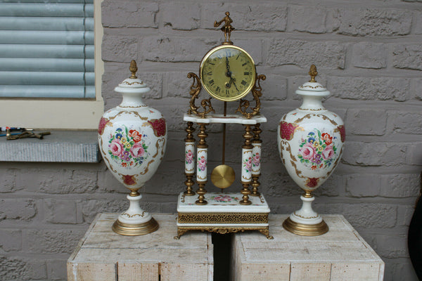 Vintage italian porcelain Clock set vases floral cherub 1960