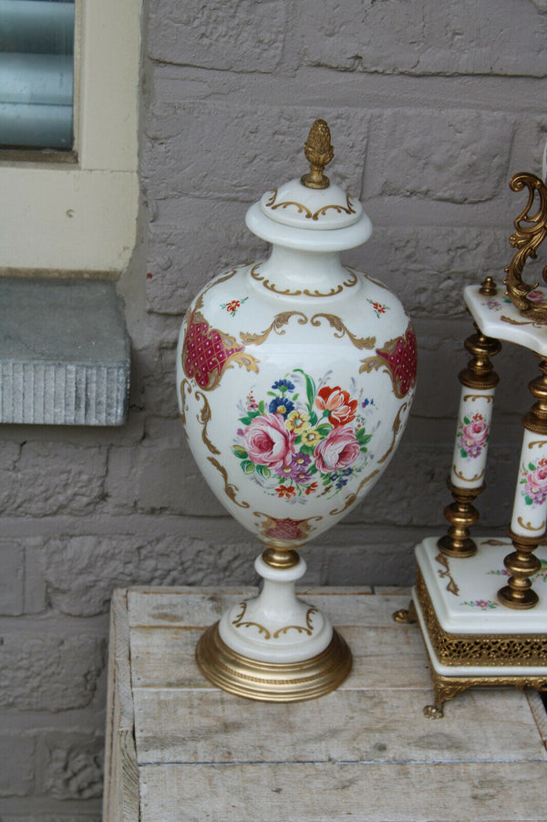 Vintage italian porcelain Clock set vases floral cherub 1960