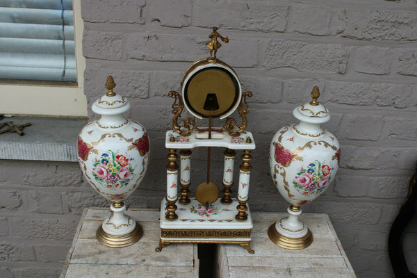 Vintage italian porcelain Clock set vases floral cherub 1960