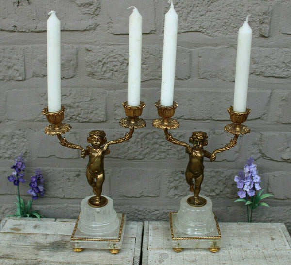 French vintage pair brass putti cherub candlestick candle holder figurine