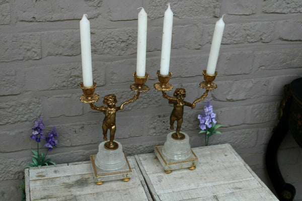 French vintage pair brass putti cherub candlestick candle holder figurine