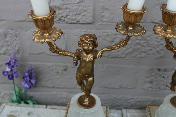 French vintage pair brass putti cherub candlestick candle holder figurine