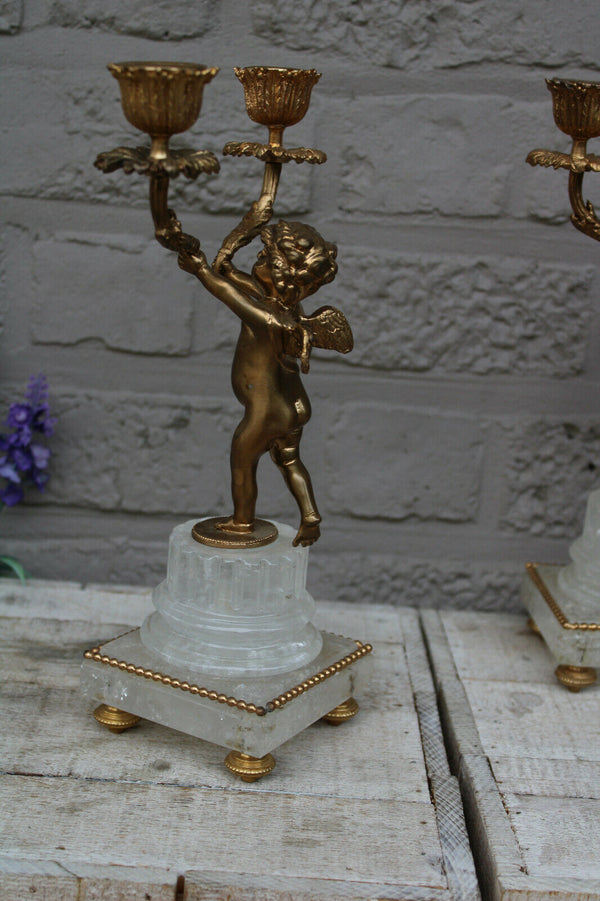 French vintage pair brass putti cherub candlestick candle holder figurine