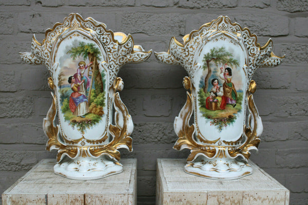 XL French antique vieux paris porcelain hand paint romantic pair Vases