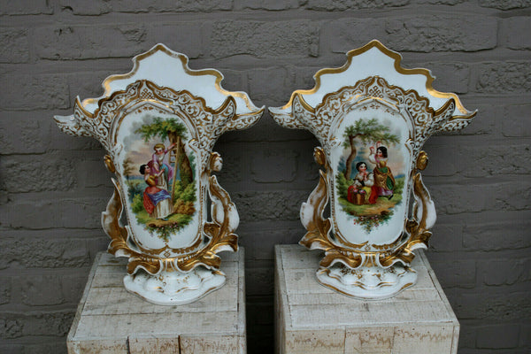 XL French antique vieux paris porcelain hand paint romantic pair Vases