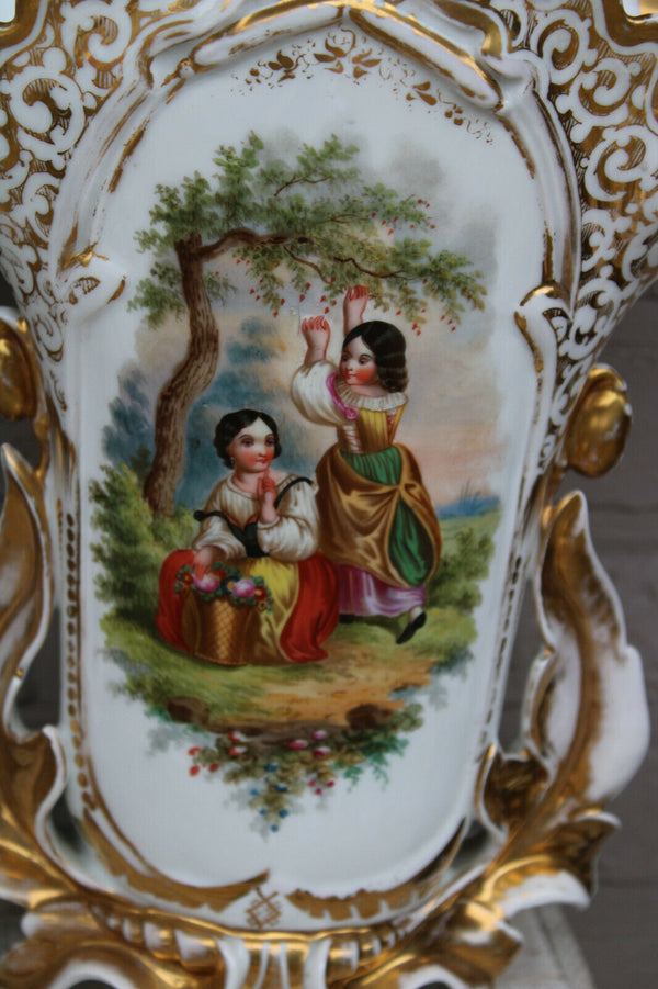 XL French antique vieux paris porcelain hand paint romantic pair Vases