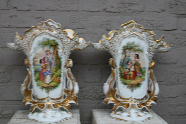 XL French antique vieux paris porcelain hand paint romantic pair Vases