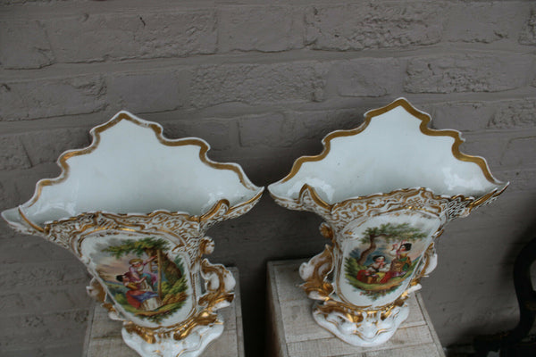 XL French antique vieux paris porcelain hand paint romantic pair Vases