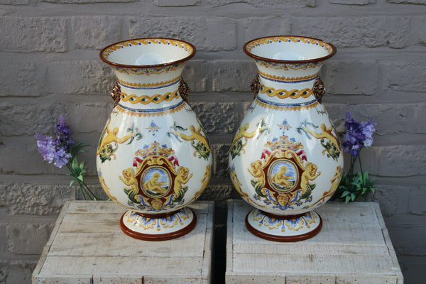 Pair italian ceramic marked Mythological dragon putti lion head Vases