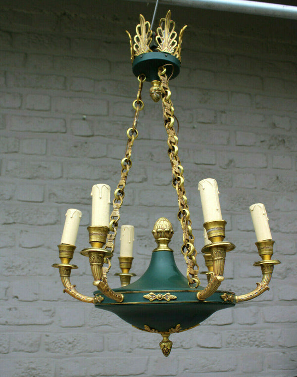 Vintage empire design chandelier lamp brass green tole