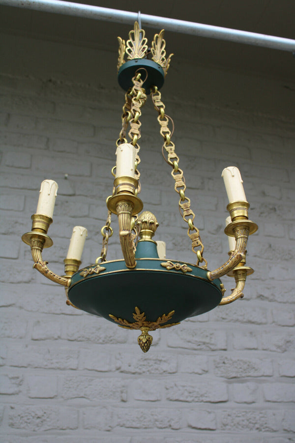 Vintage empire design chandelier lamp brass green tole