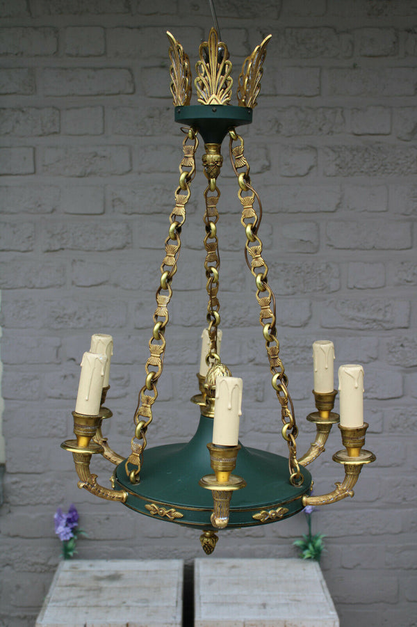 Vintage empire design chandelier lamp brass green tole