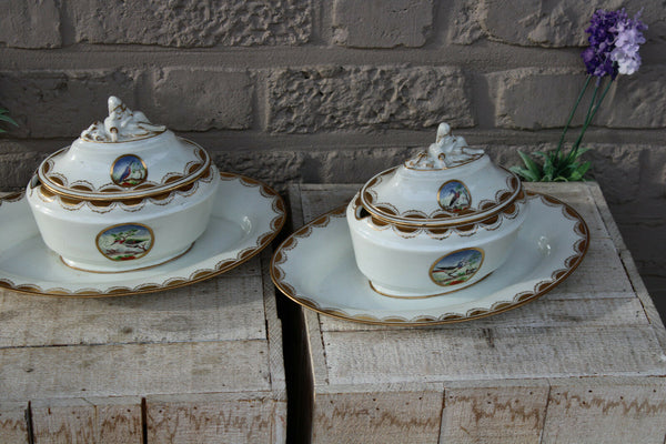 PAIR antique German marked jam bowl porcelain birds decor rare 19thc