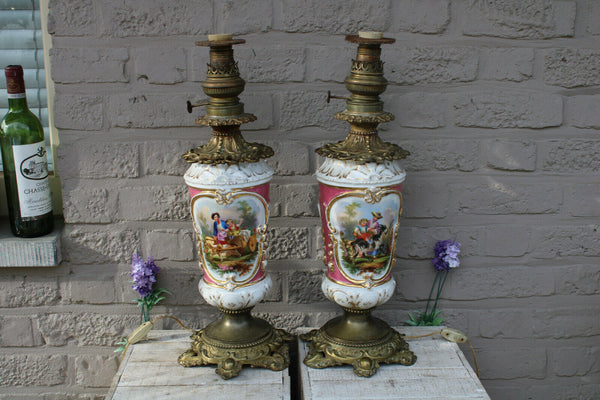 PAIR antique french vieux paris porcelain romantic lamps dog animal birds rare