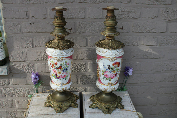 PAIR antique french vieux paris porcelain romantic lamps dog animal birds rare