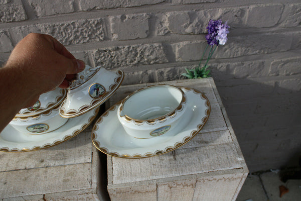 PAIR antique German marked jam bowl porcelain birds decor rare 19thc