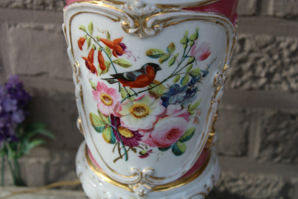 PAIR antique french vieux paris porcelain romantic lamps dog animal birds rare