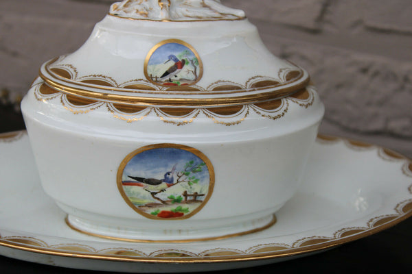 PAIR antique German marked jam bowl porcelain birds decor rare 19thc