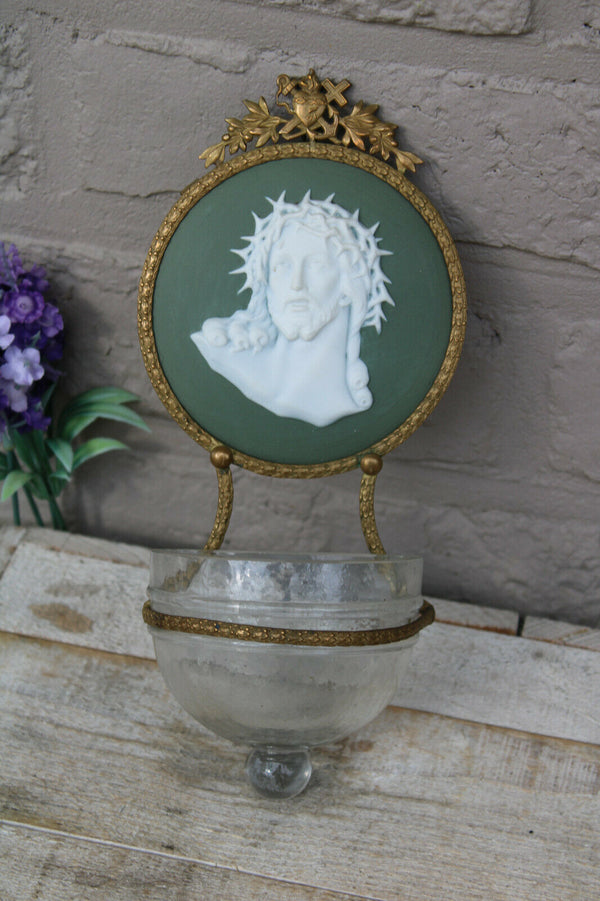 Antique French wedgwood jasperware relief plaque porcelain holy water font