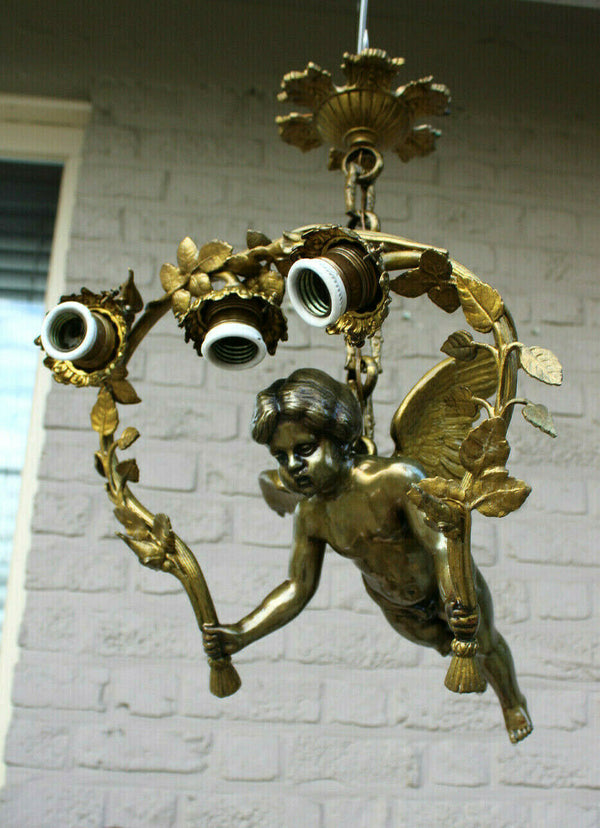 Antique French heavy putti angel chandelier lamp pendant floral decor