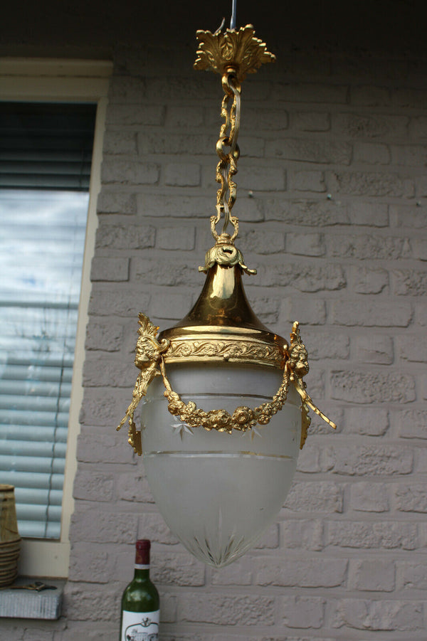 French lantern brass putti angel head val saint lambert crystal pendant lamp