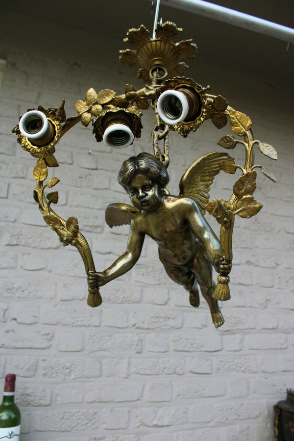 Antique French heavy putti angel chandelier lamp pendant floral decor