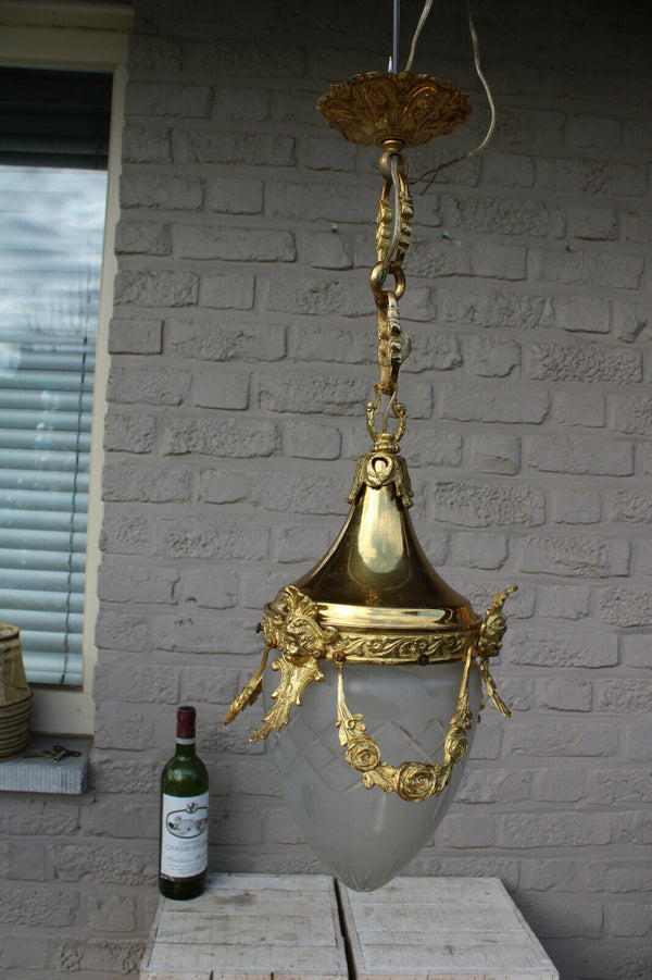 French lantern brass putti angel heads val saint lambert crystal chandelier lamp