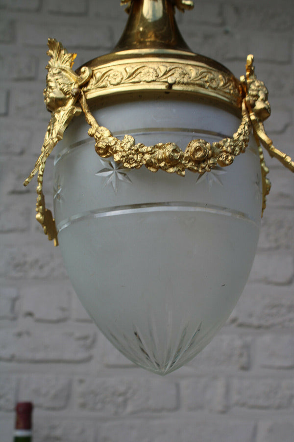 French lantern brass putti angel head val saint lambert crystal pendant lamp