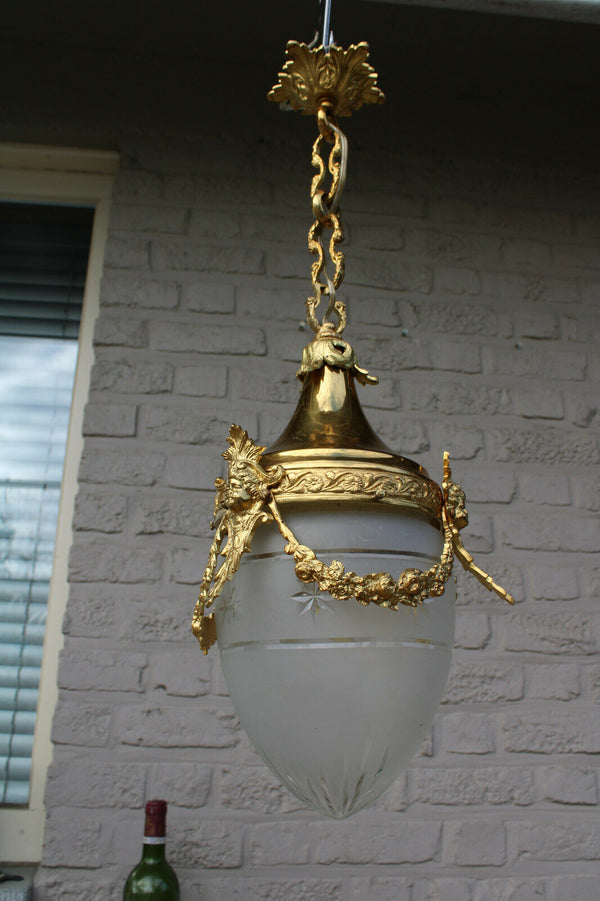 French lantern brass putti angel head val saint lambert crystal pendant lamp