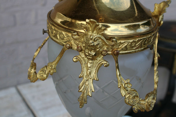 French lantern brass putti angel heads val saint lambert crystal chandelier lamp