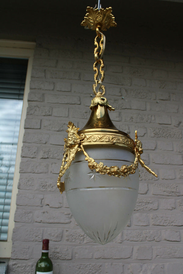 French lantern brass putti angel head val saint lambert crystal pendant lamp