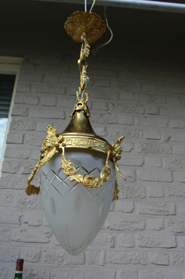 French lantern brass putti angel heads val saint lambert crystal chandelier lamp