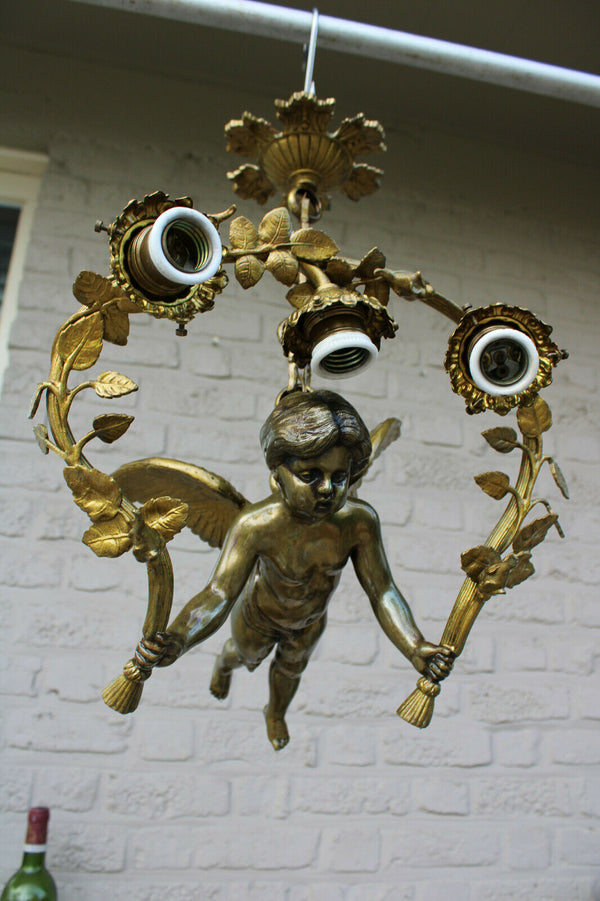 Antique French heavy putti angel chandelier lamp pendant floral decor