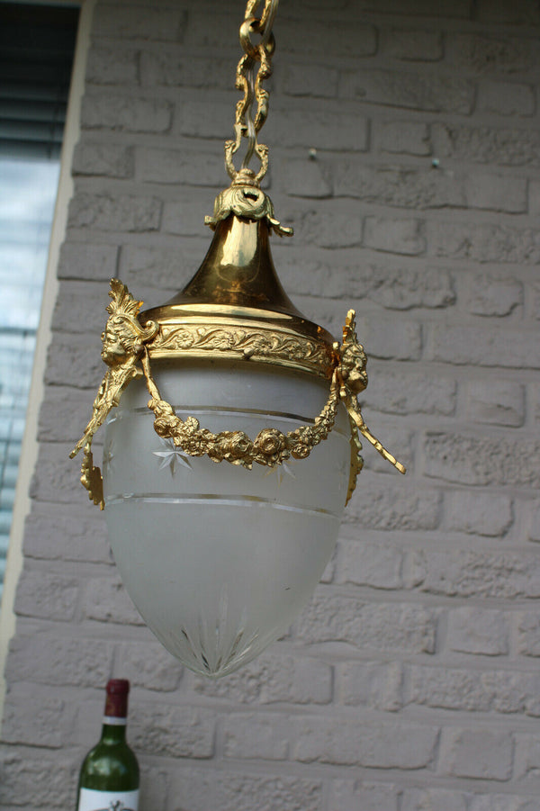 French lantern brass putti angel head val saint lambert crystal pendant lamp