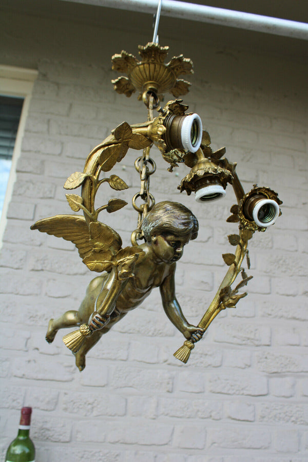 Antique French heavy putti angel chandelier lamp pendant floral decor