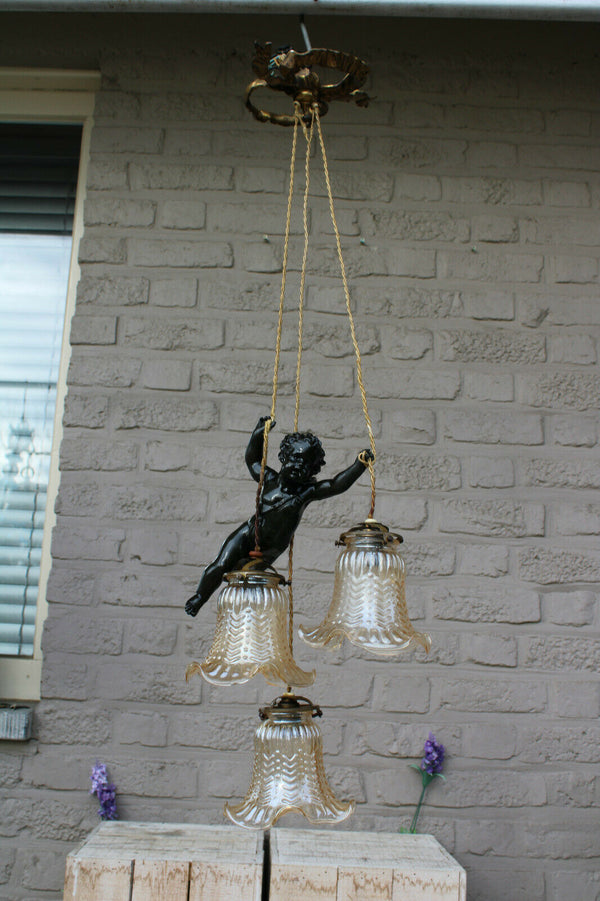 Antique French spelter bronze putti angel 3 shade pendant lamp chandelier