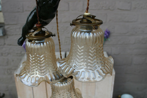 Antique French spelter bronze putti angel 3 shade pendant lamp chandelier