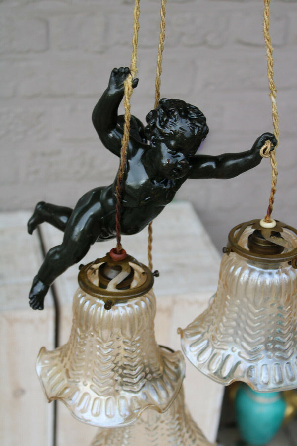 Antique French spelter bronze putti angel 3 shade pendant lamp chandelier