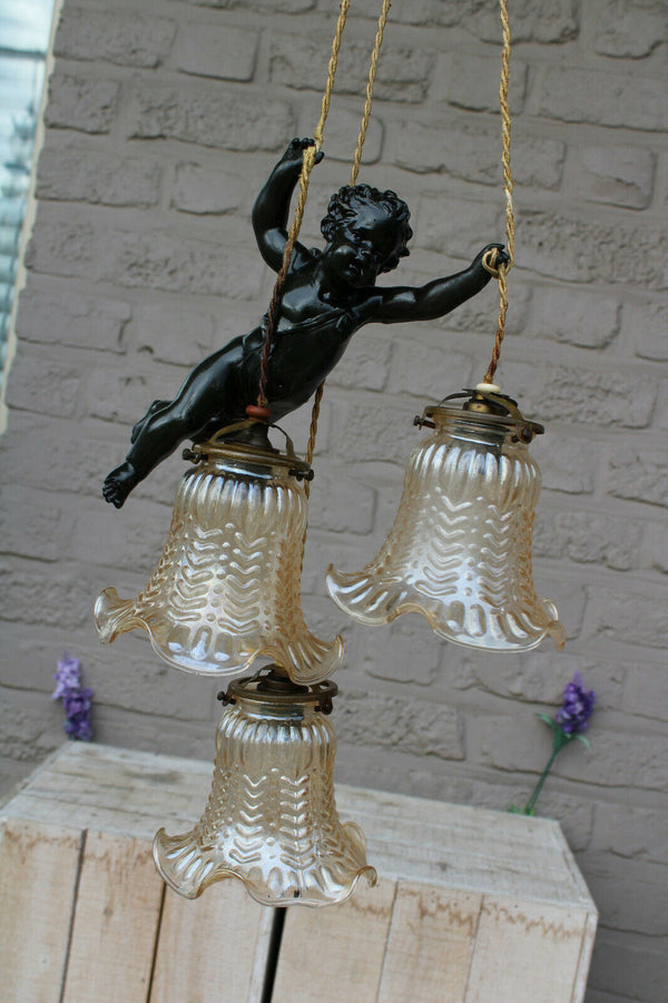 Antique French spelter bronze putti angel 3 shade pendant lamp chandelier