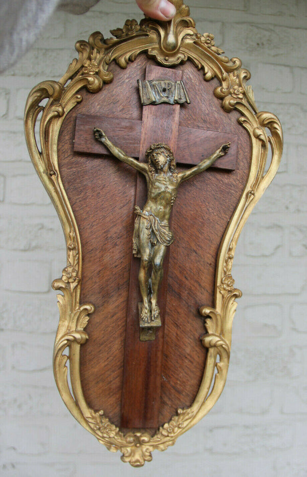 Antique French bronze wood Communion gift 1919 Cross crucifix religious