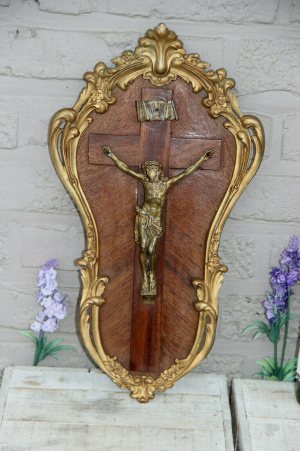 Antique French bronze wood Communion gift 1919 Cross crucifix religious