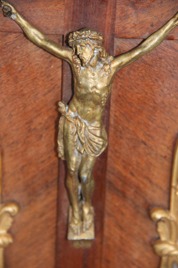Antique French bronze wood Communion gift 1919 Cross crucifix religious