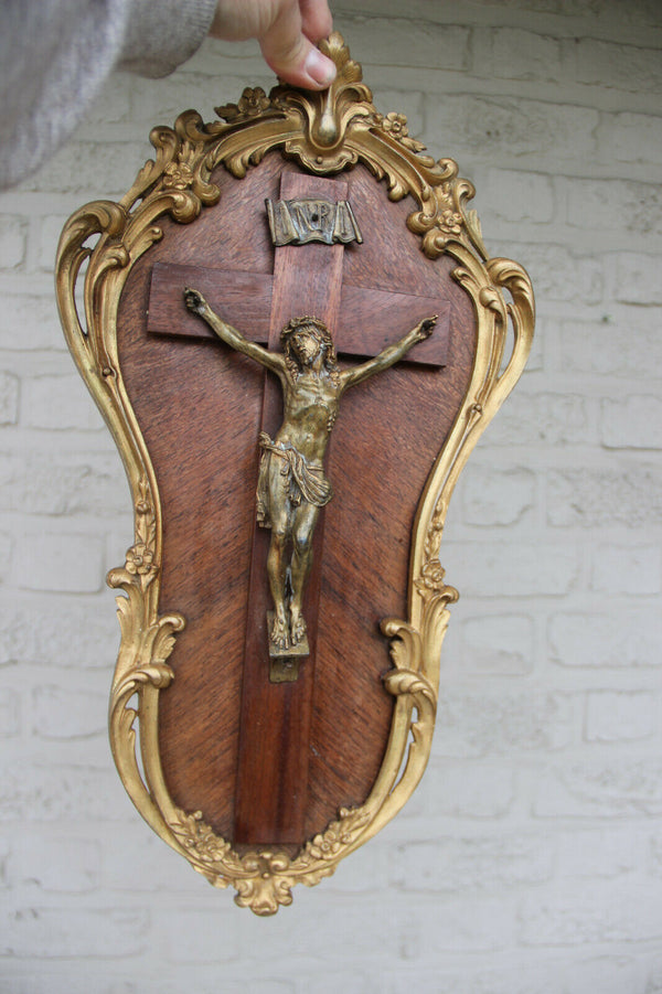 Antique French bronze wood Communion gift 1919 Cross crucifix religious