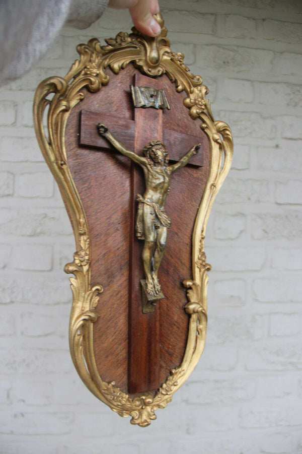 Antique French bronze wood Communion gift 1919 Cross crucifix religious