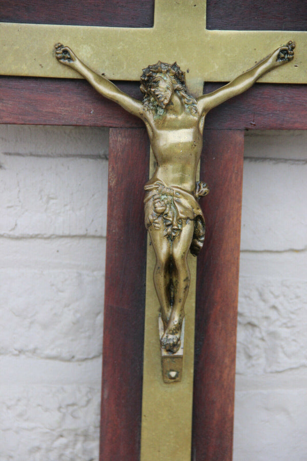XL Antique French bronze wood church crucifix Cross religious