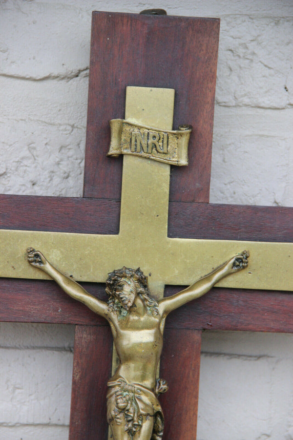 XL Antique French bronze wood church crucifix Cross religious