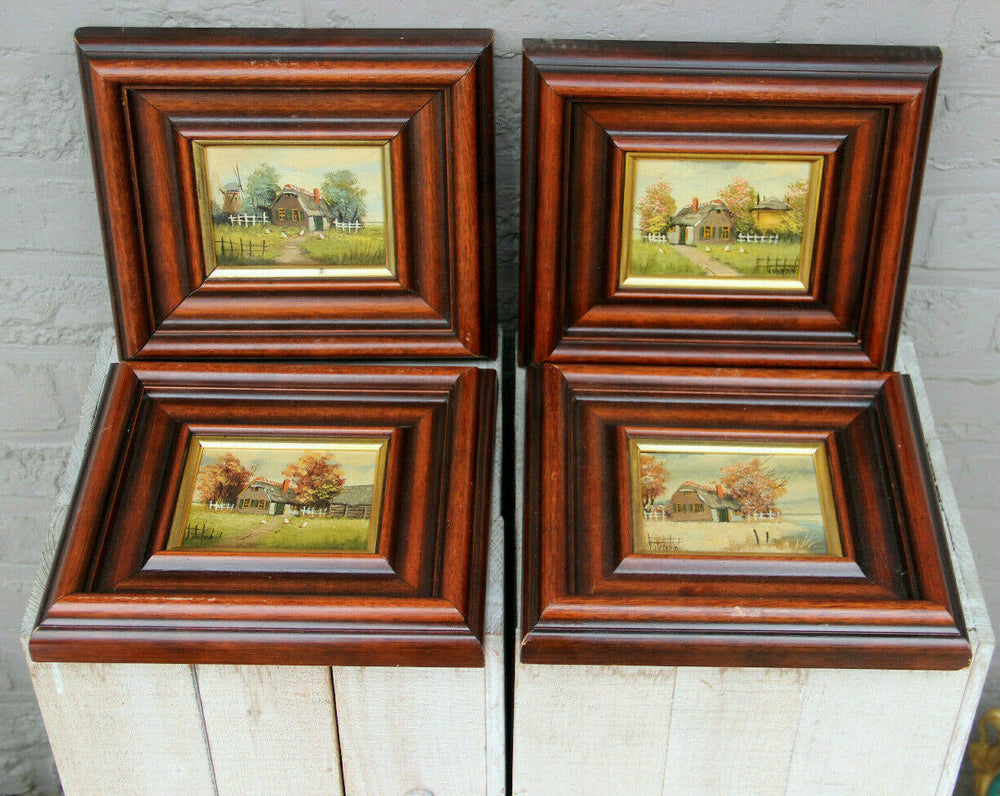 Set 4 Vintage Flemish 4 season oil panel paintings set signed 1970