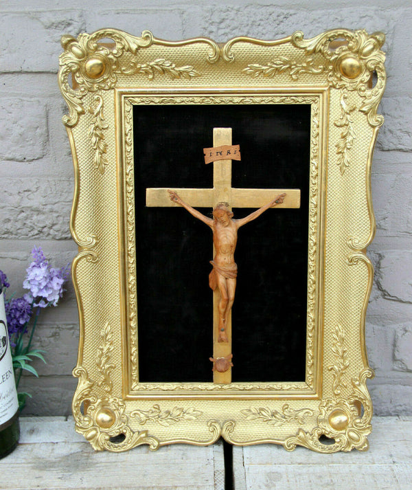 Antique French Lime wood finely carved religious crucifix framed on velvet